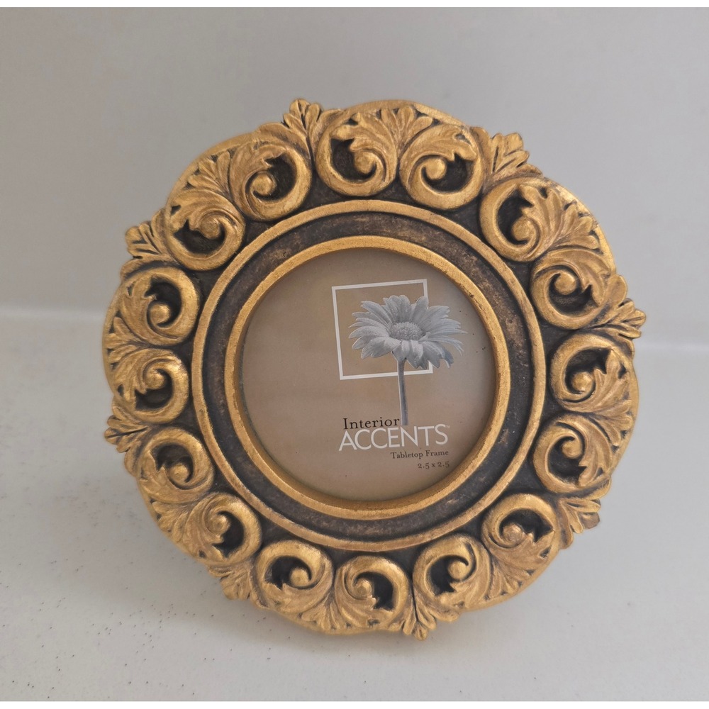 Interior Accents Gold Ornate Round Mini Frame 3x3 Tabletop Baroque Style Photo
